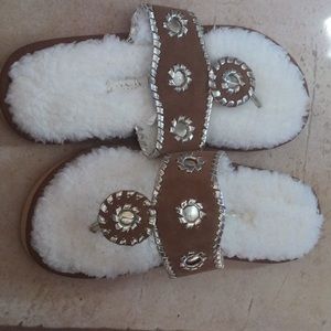 Brand New Jack Roger 7 Flip Flops Fur Lined Brown and Silver Top